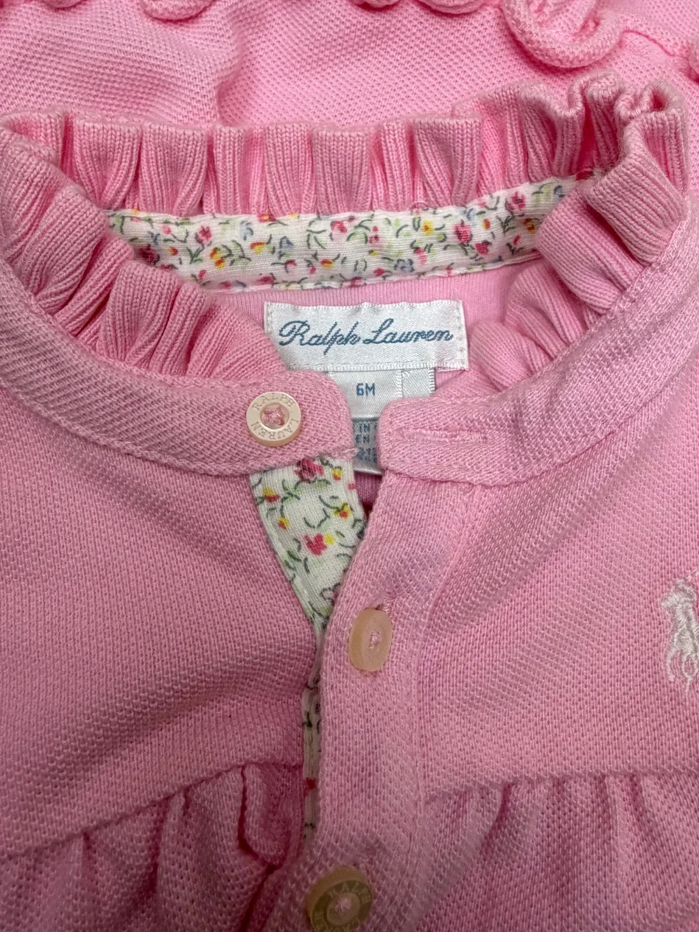 Ralph Lauren | Pink Pique Long Sleeve Ruffle Polo Dress Pony Logo | 6M